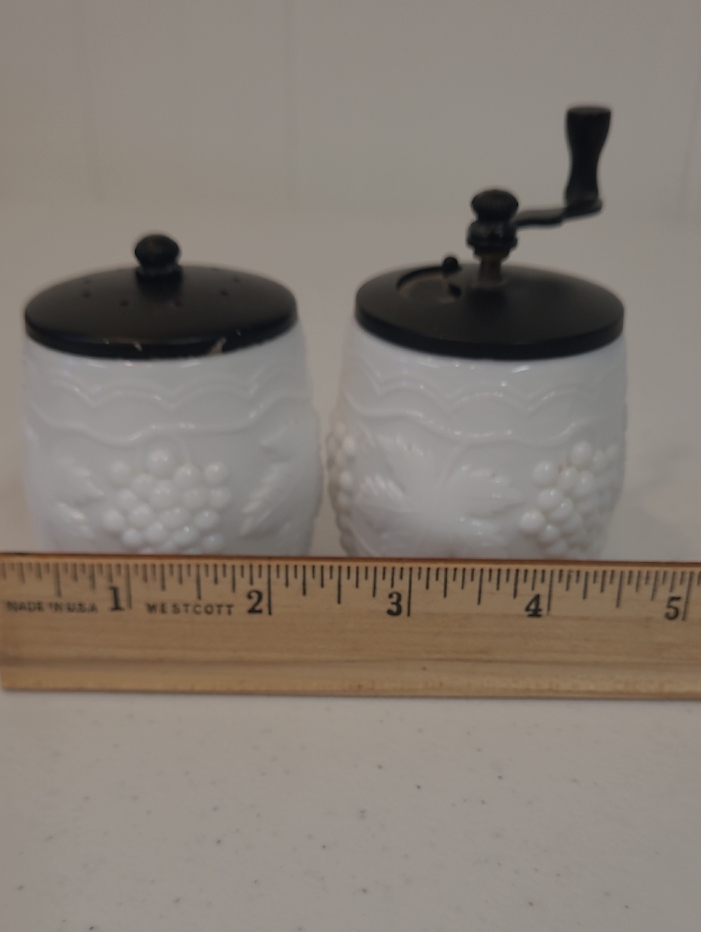 Milk Glass George Thompson Embossed Grapevine Salt and Pepper Mill Set - Picture 10 of 12